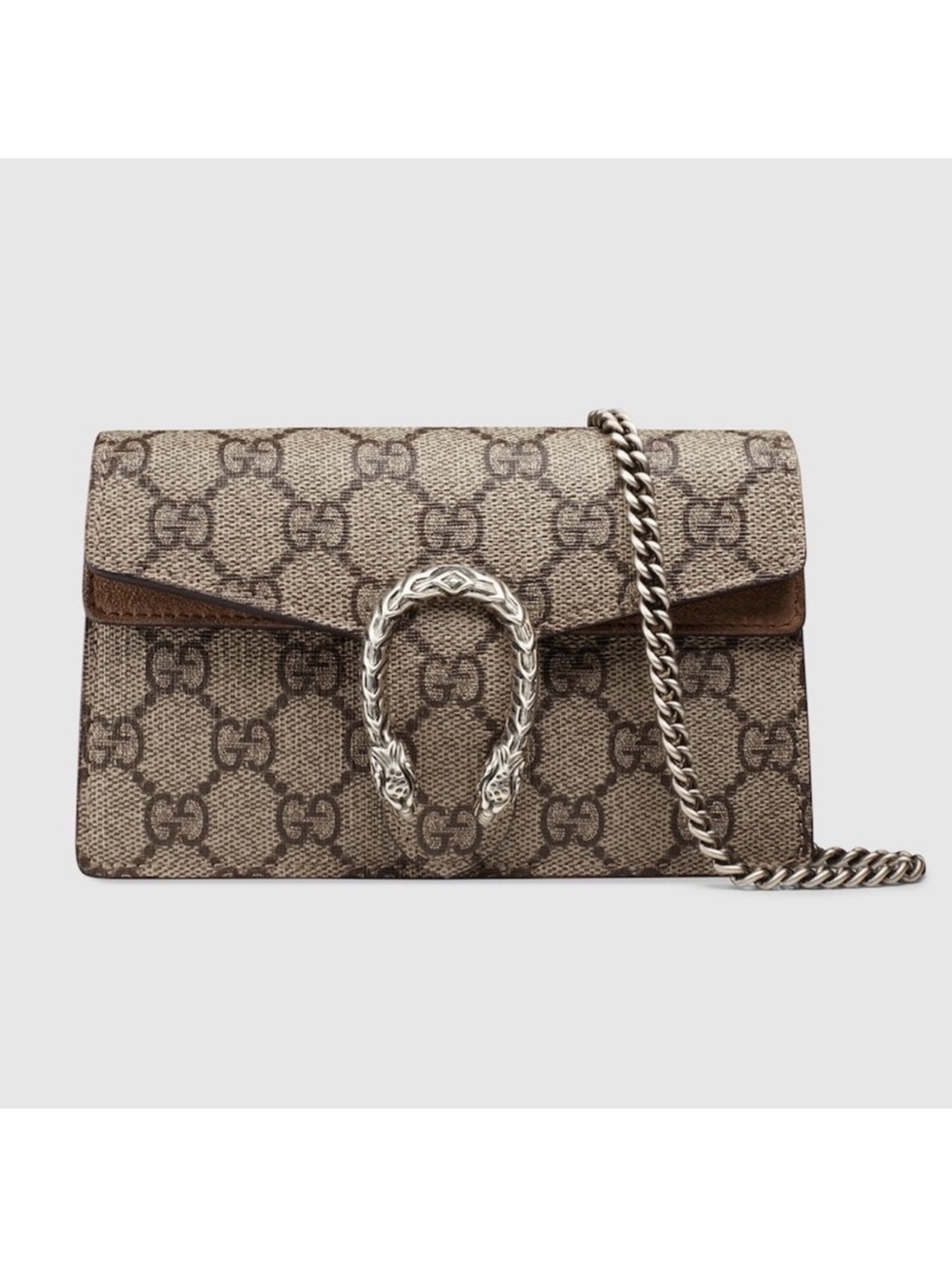 Gucci Beige/GG Supreme Crossbody with Silver Chain and Brown Trim